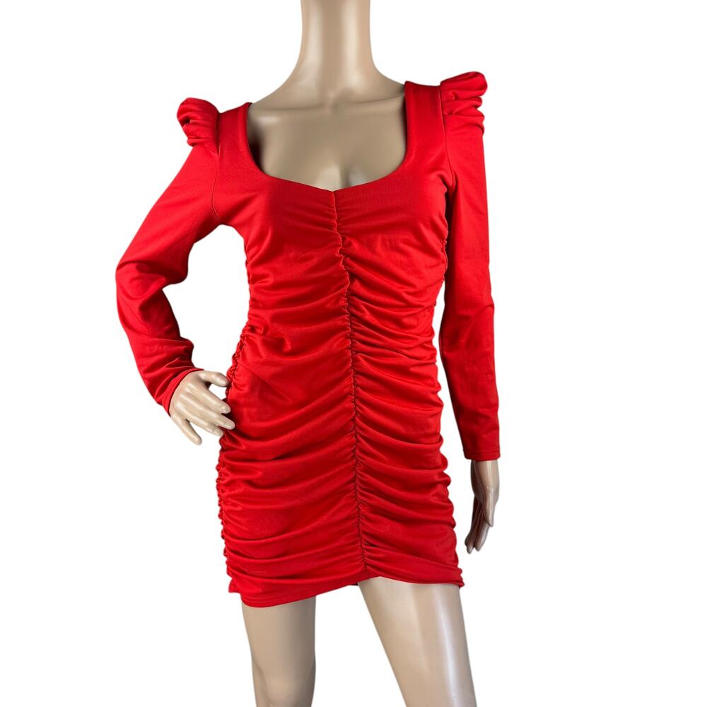 New Women's Red Bodycon Mini Dress M Puff Sleeves, Ruched, Scoop Neck